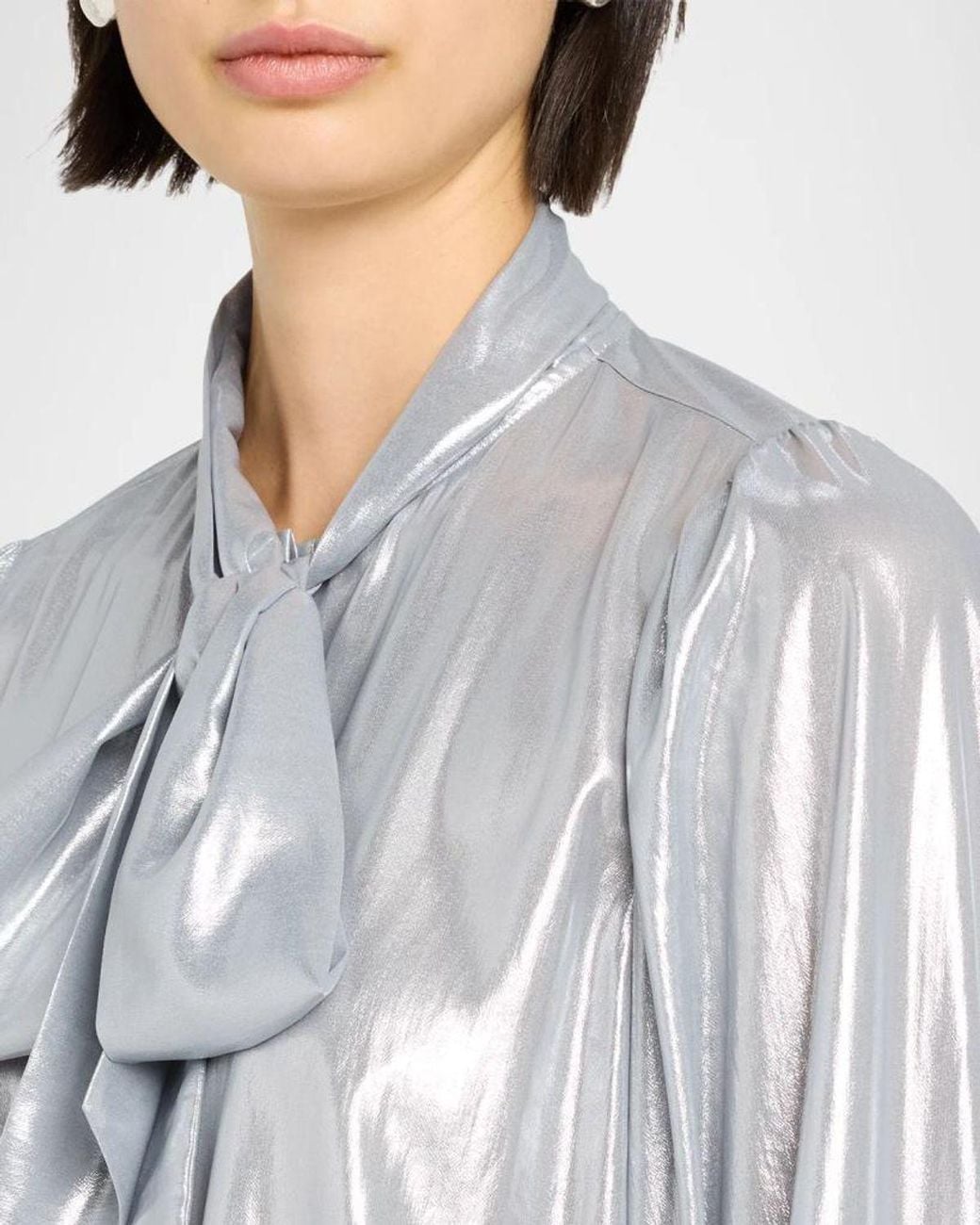 Ramy Brook Noa Metallic Tie-Neck Blouse in Gray | Lyst