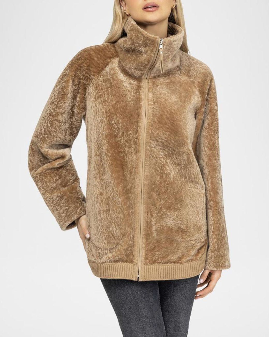 Gorski Brown Textured Shearling Lamb Zip Jacket