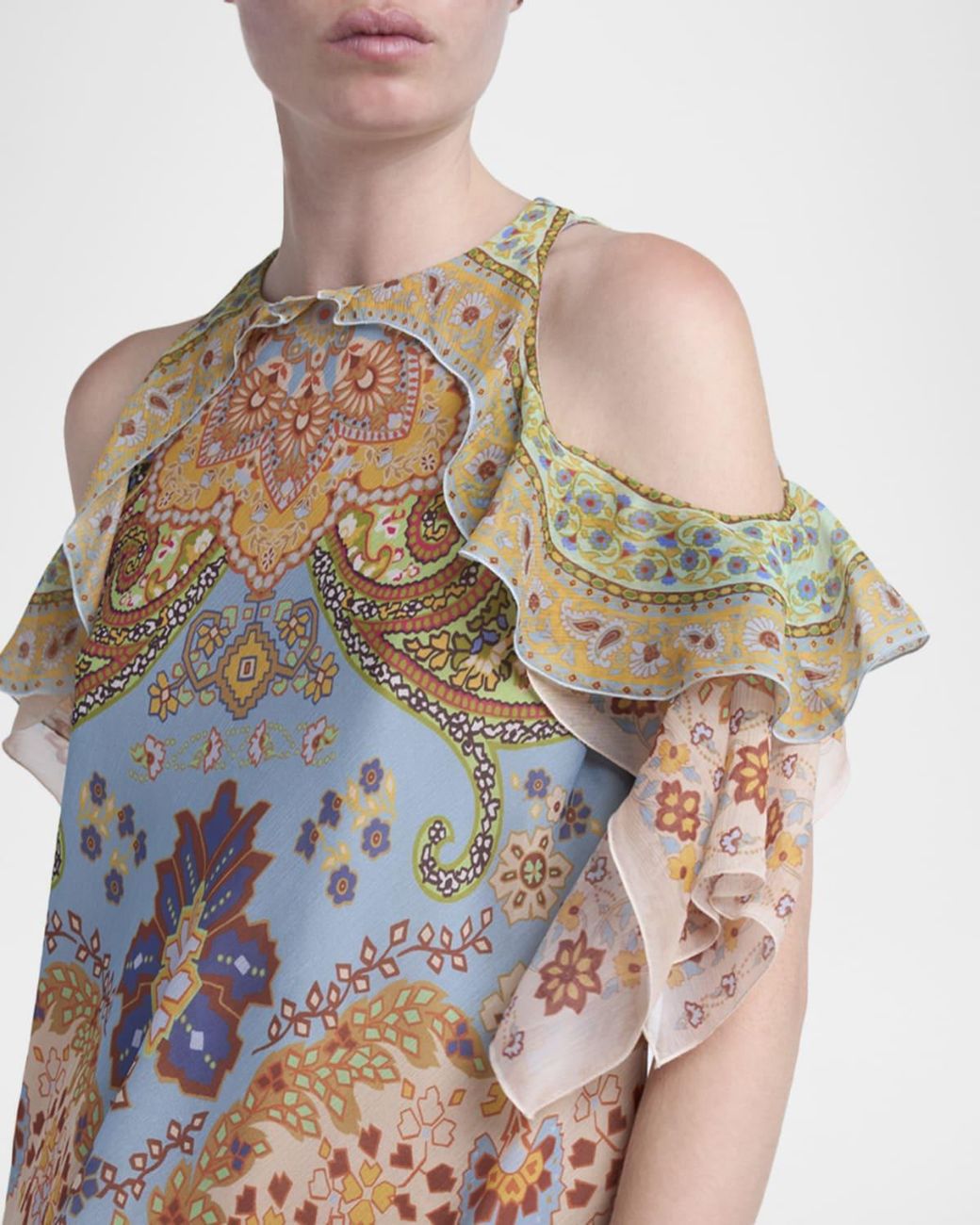 Etro Multicolor Ruffled Cold-Shoulder Paisley Blouse