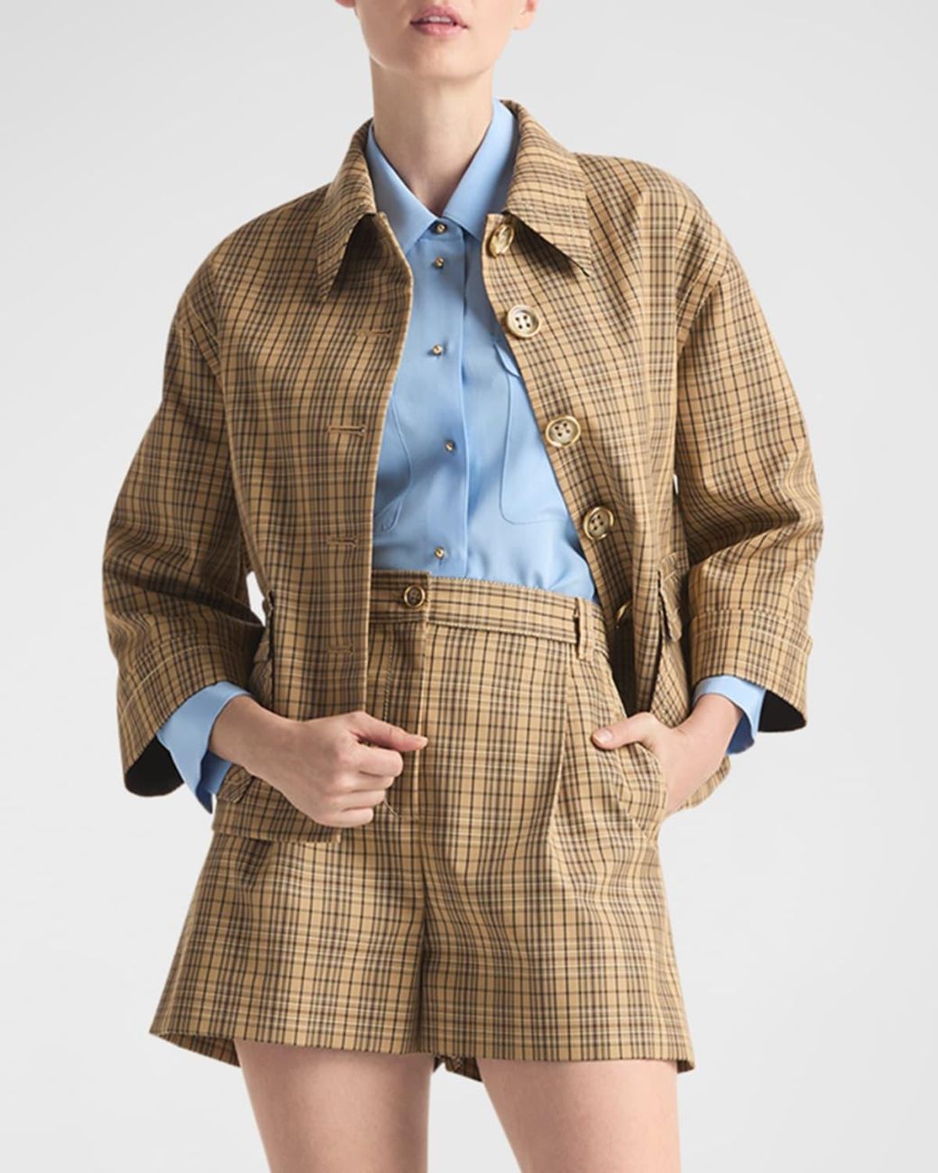 St. John Natural Plaid Collared Technical Jacket