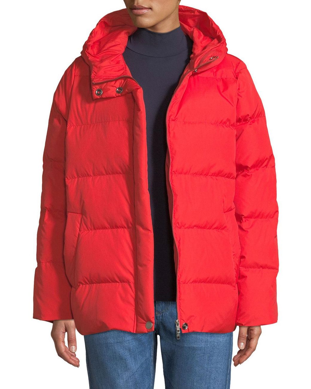 Eileen Fisher Synthetic Quilted Nylon Hooded Down Puffer Coat in Red - Lyst