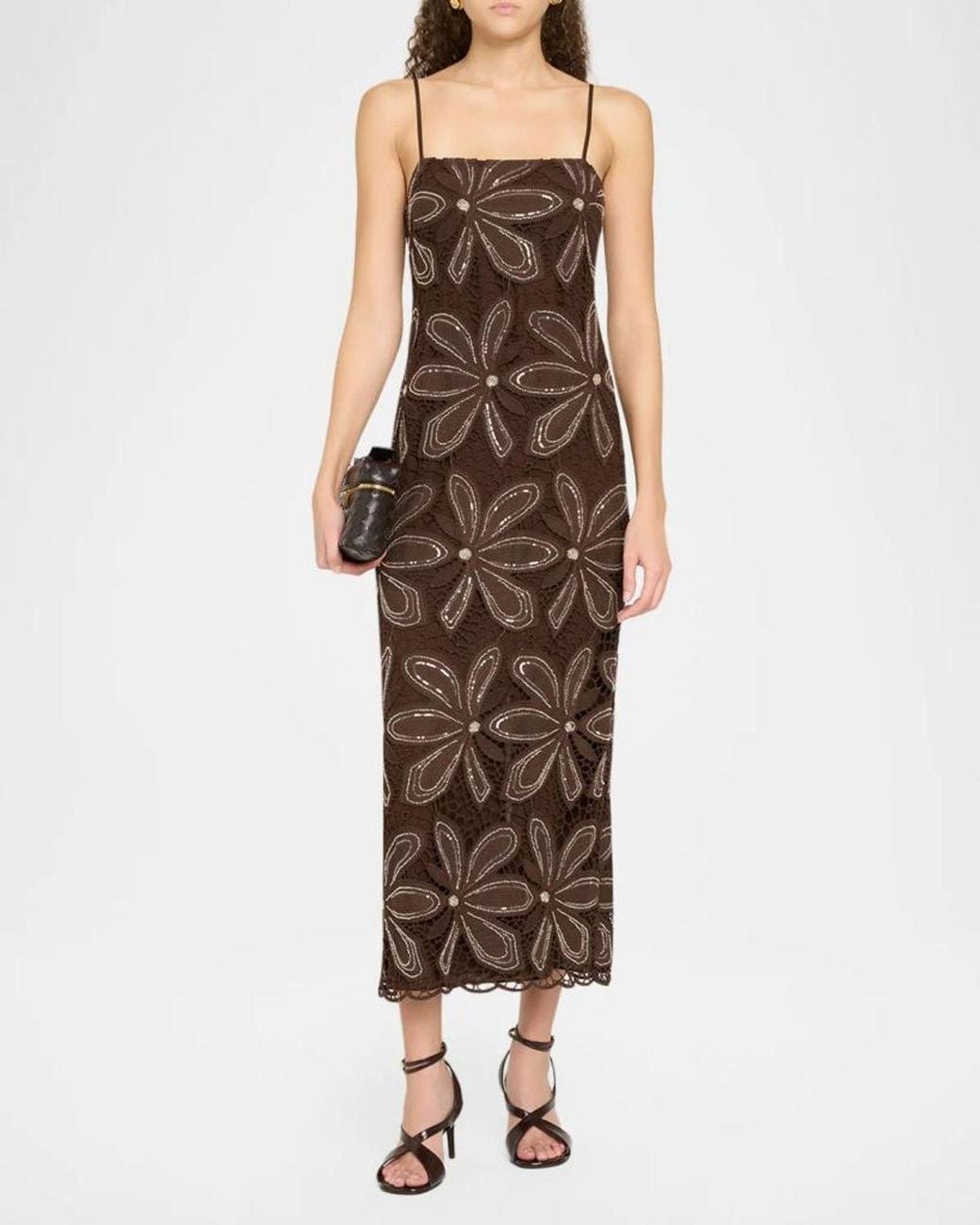Toccin Magdalena Floral Guipure Lace Midi Cami Dress in Brown | Lyst