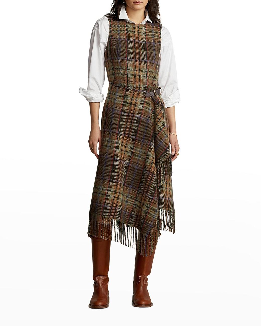 Polo Ralph Lauren Plaid Fringe Leathertrim Wrap Dress in Brown Lyst