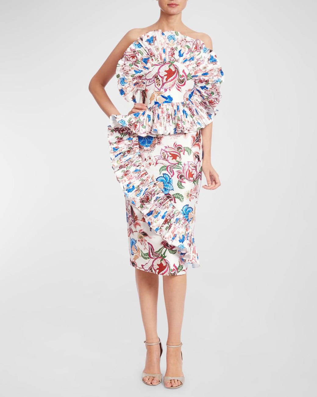 Badgley Mischka Strapless Floral-print Ruffle Midi Dress in White | Lyst
