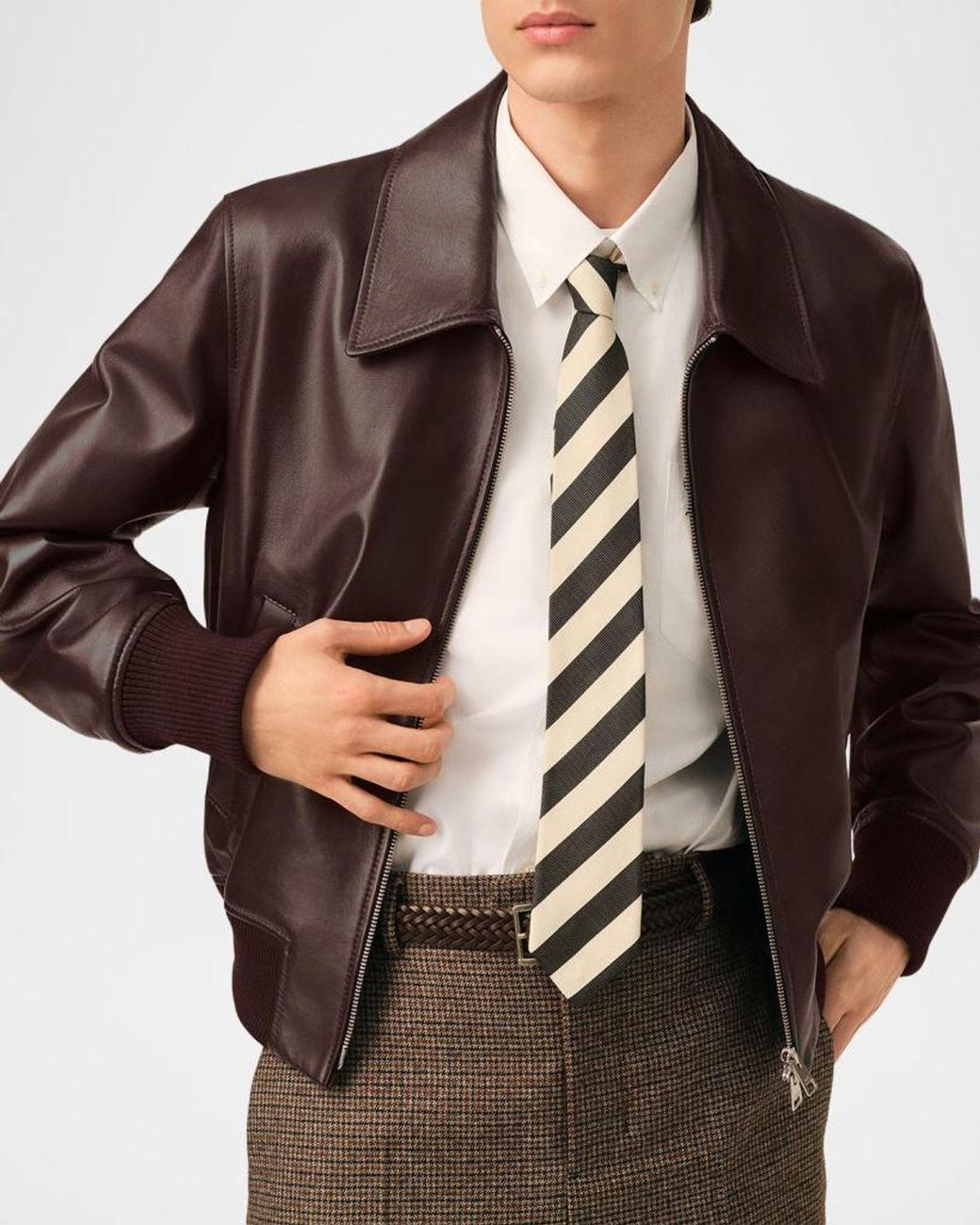 AMI Brown Apos;S Point-Collar Leather Bomber Jacket for men