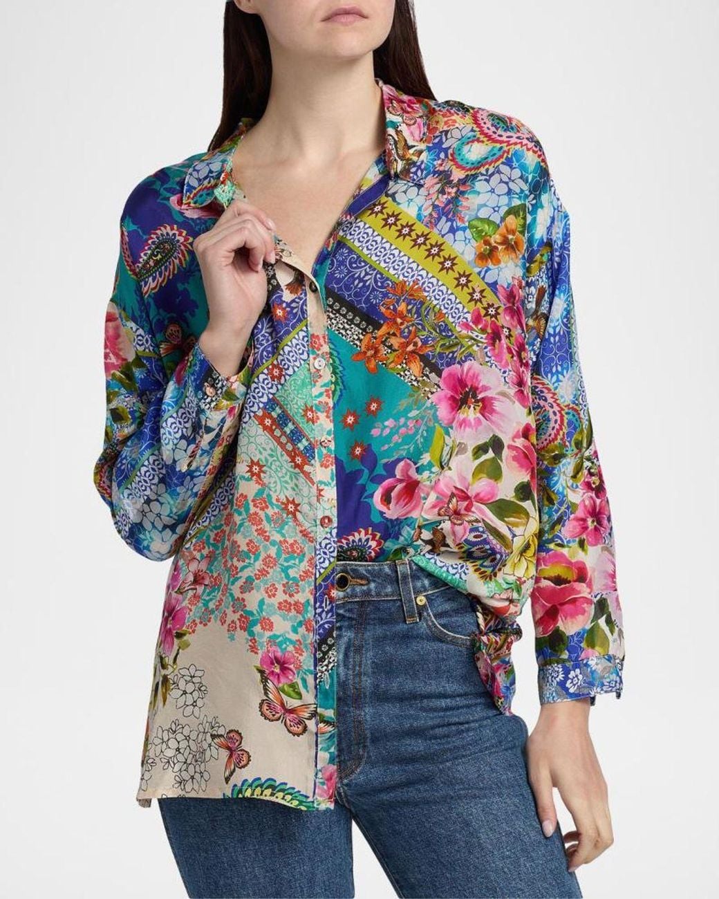Johnny Was Blue Audrey Patchwork Silk Tunic