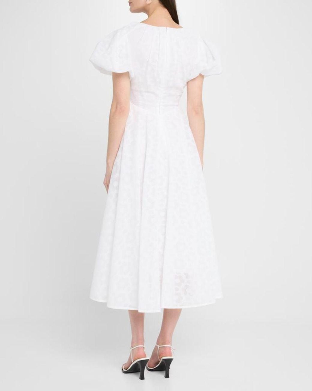 Talbot Runhof White Pril Flower Organdi Puff-Sleeve Midi Dress