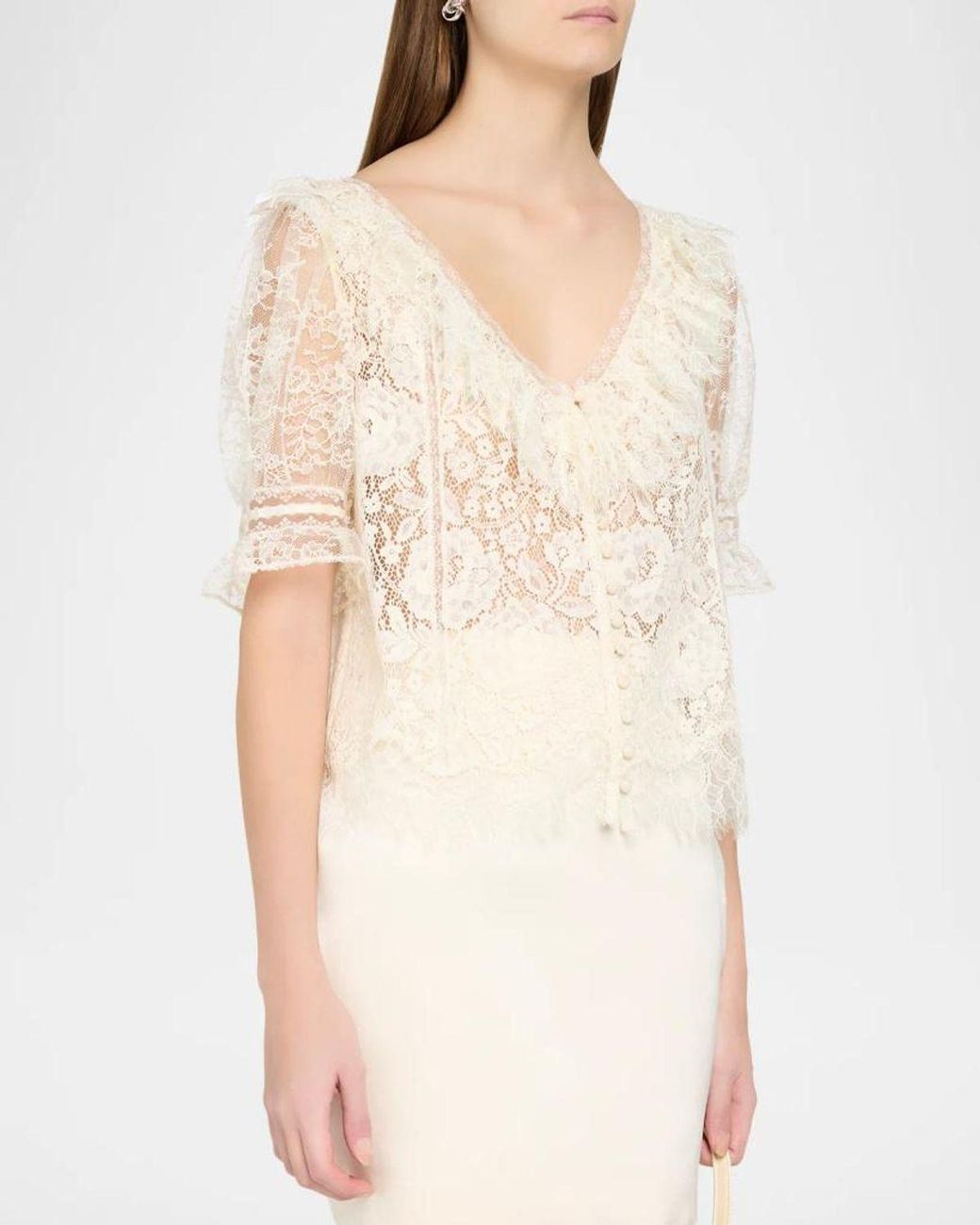 LoveShackFancy Natural Kaylin Lace Button-Front Top