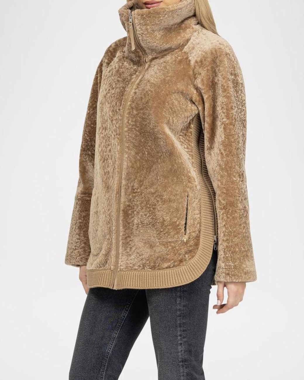 Gorski Brown Textured Shearling Lamb Zip Jacket