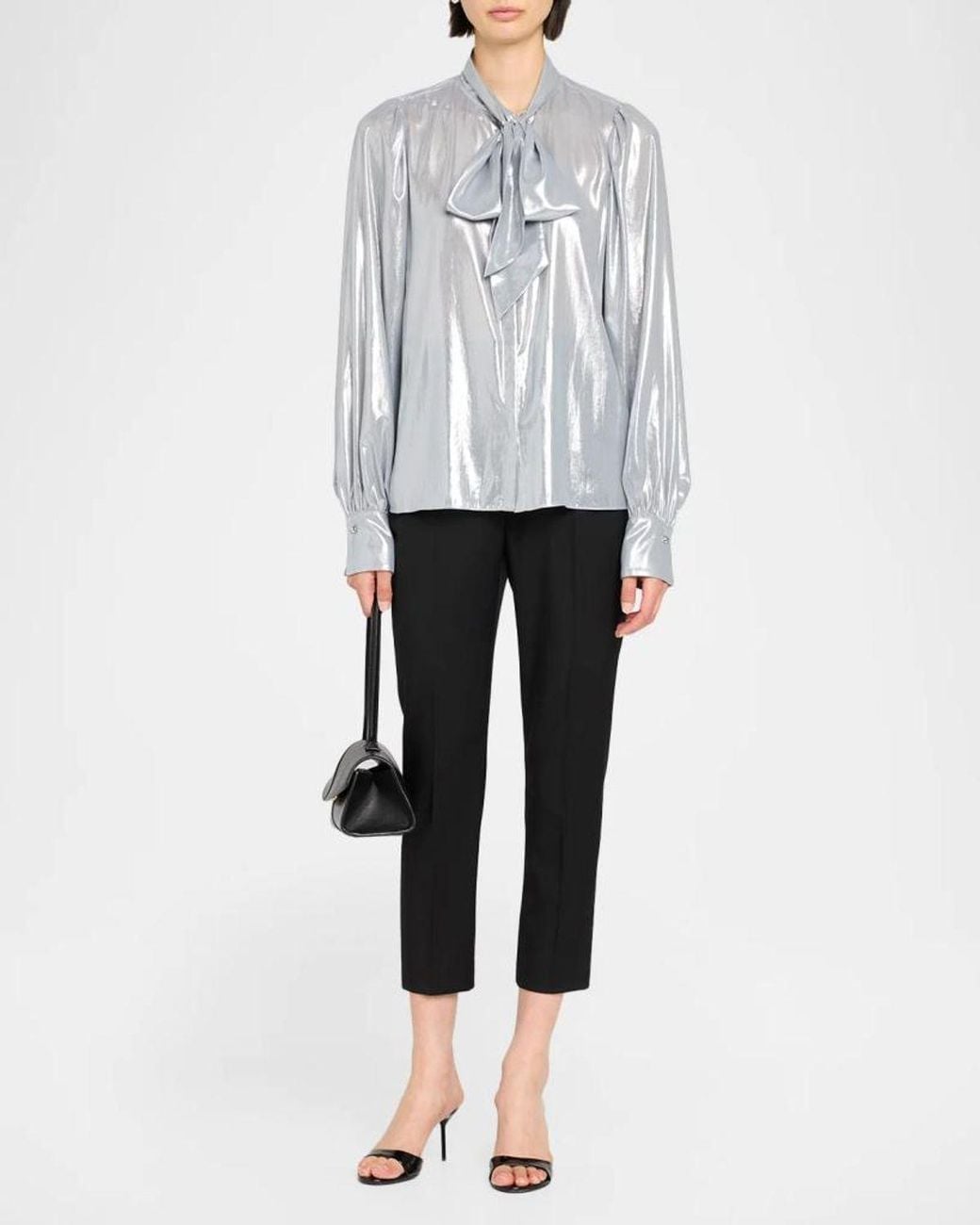 Ramy Brook Noa Metallic Tie-Neck Blouse in Gray | Lyst