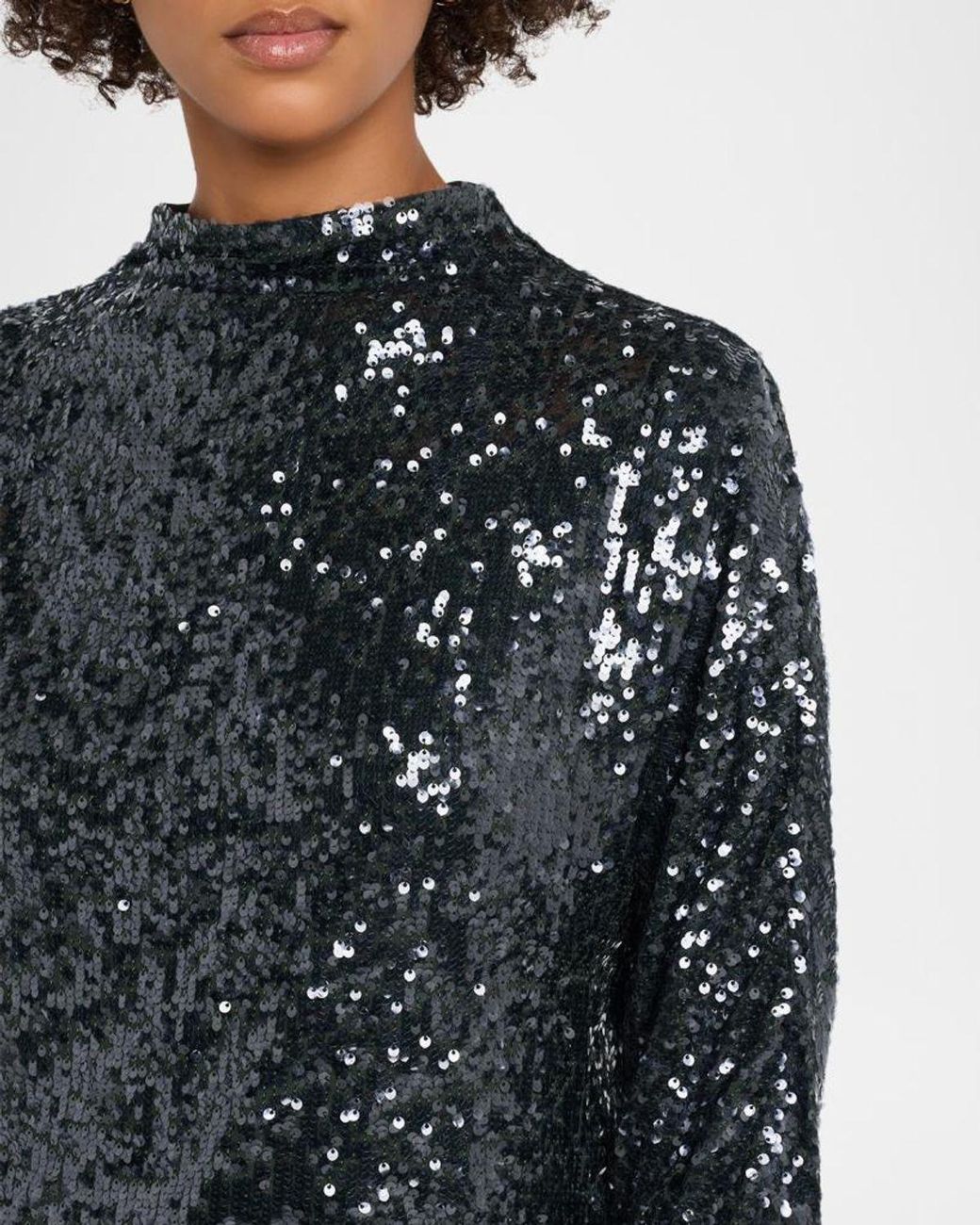 LAPOINTE Blue Sequined Mock-Neck Long-Sleeve Blouse