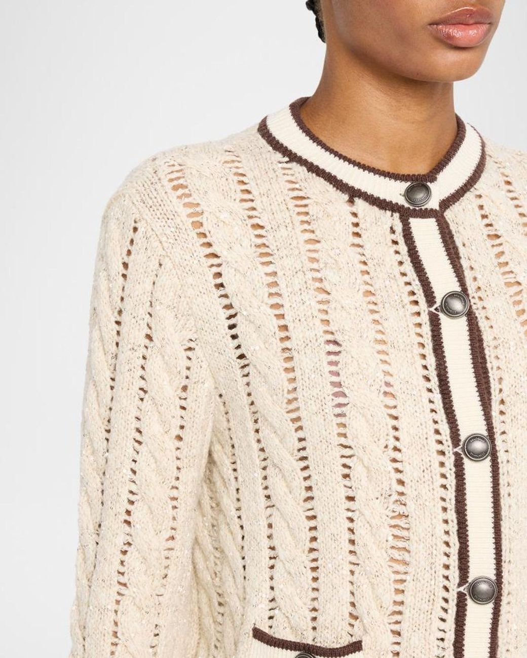 Brunello Cucinelli Natural Micro Sequin Openwork Cable Knit Cardigan