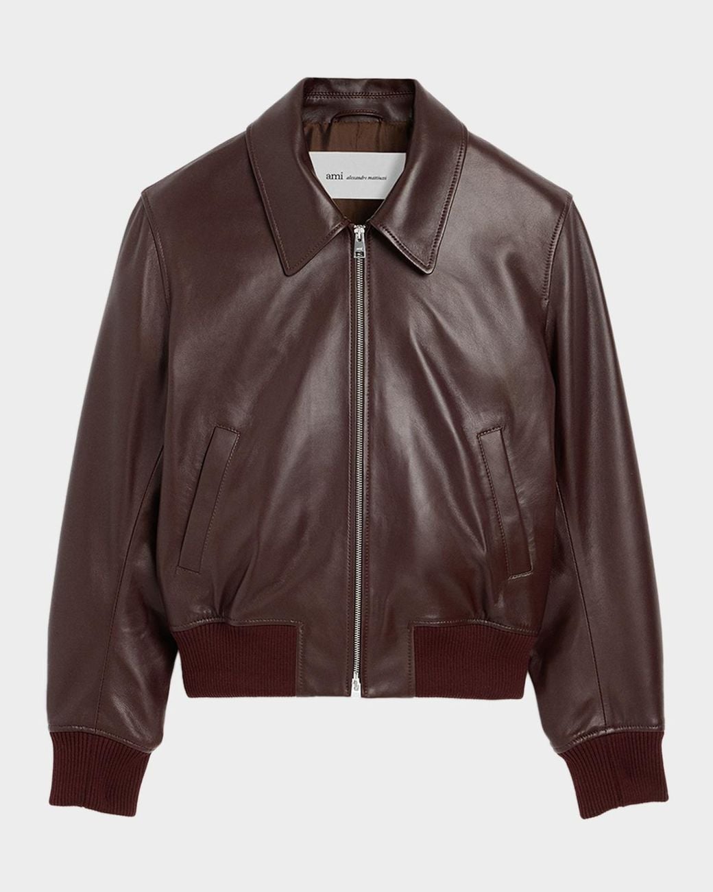 AMI Brown Apos;S Point-Collar Leather Bomber Jacket for men