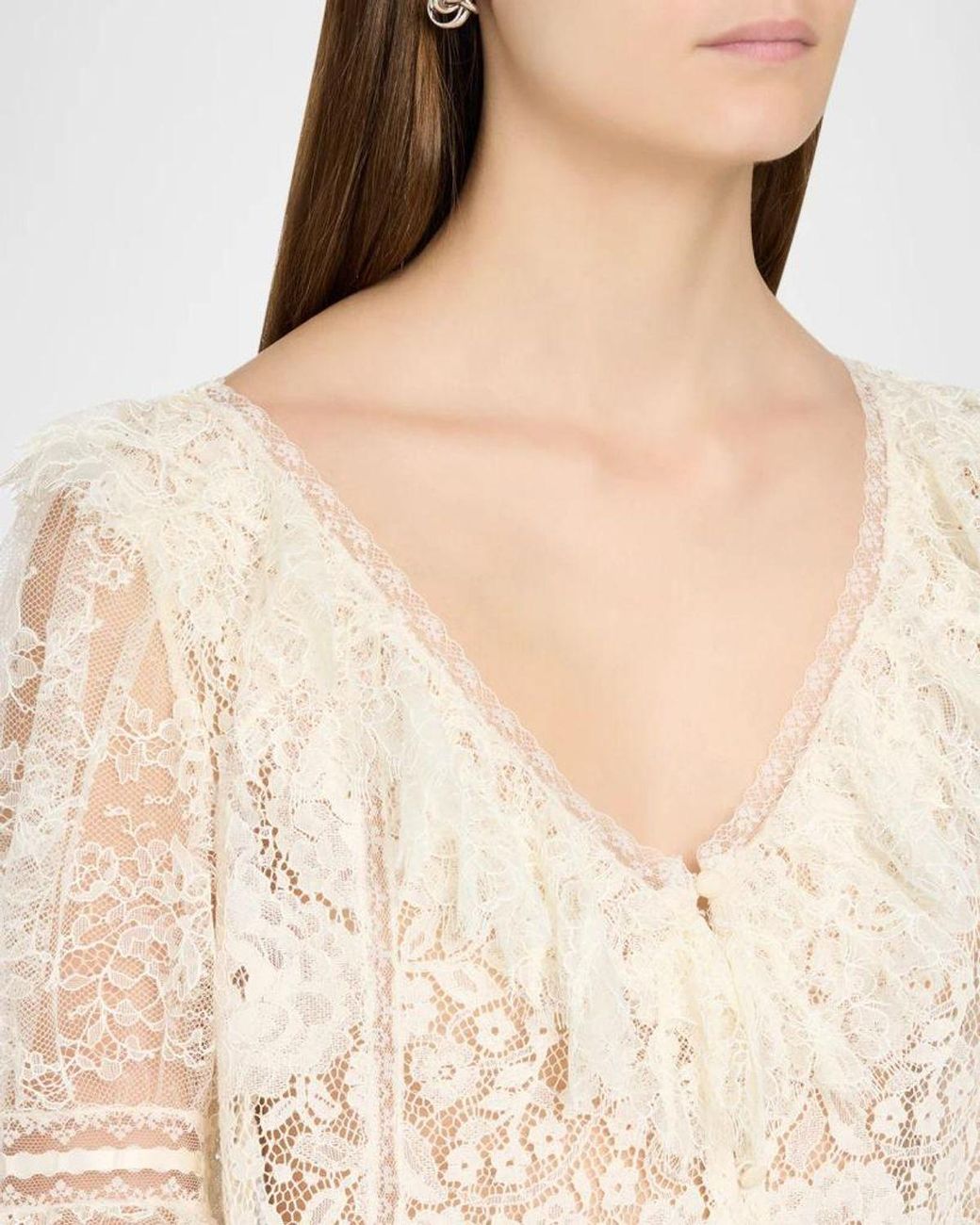 LoveShackFancy Natural Kaylin Lace Button-Front Top