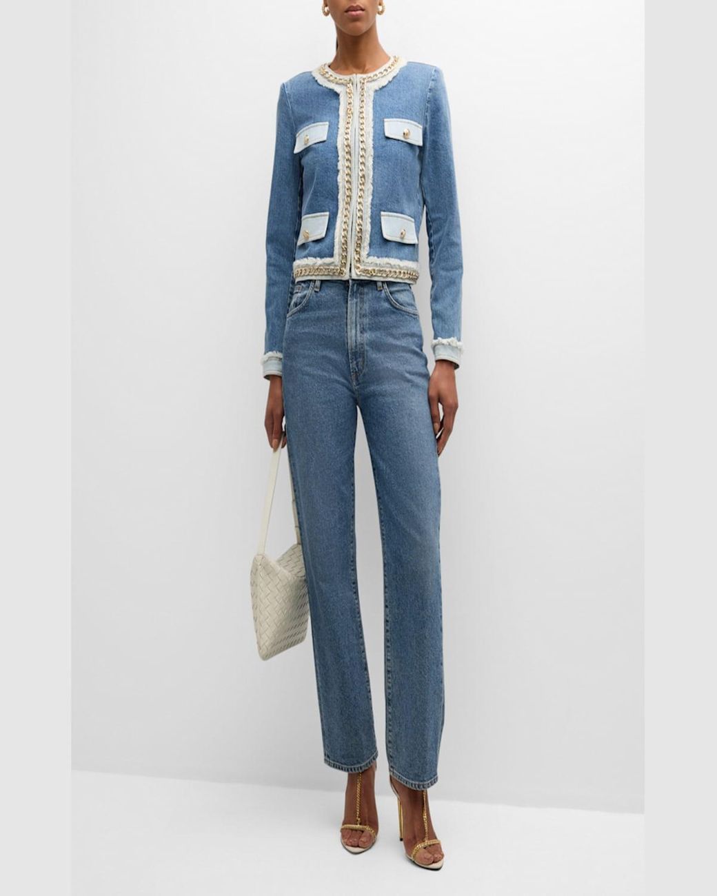 【Alice+Olivia】LANDON チェーン クロップド デニムジャケット Alice+Olivia】LANDON チェーン クロップド デニムジャケット