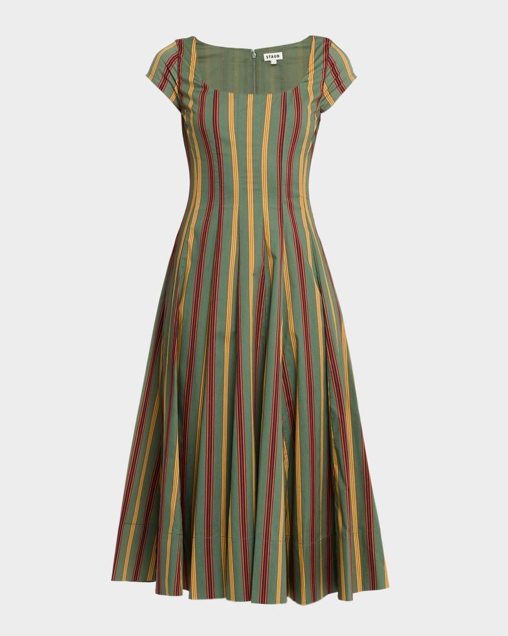 staud wells pleated stretch-cotton a-line midi-dress STAUD Wells Dress | Yellow/Stripe | Size 10