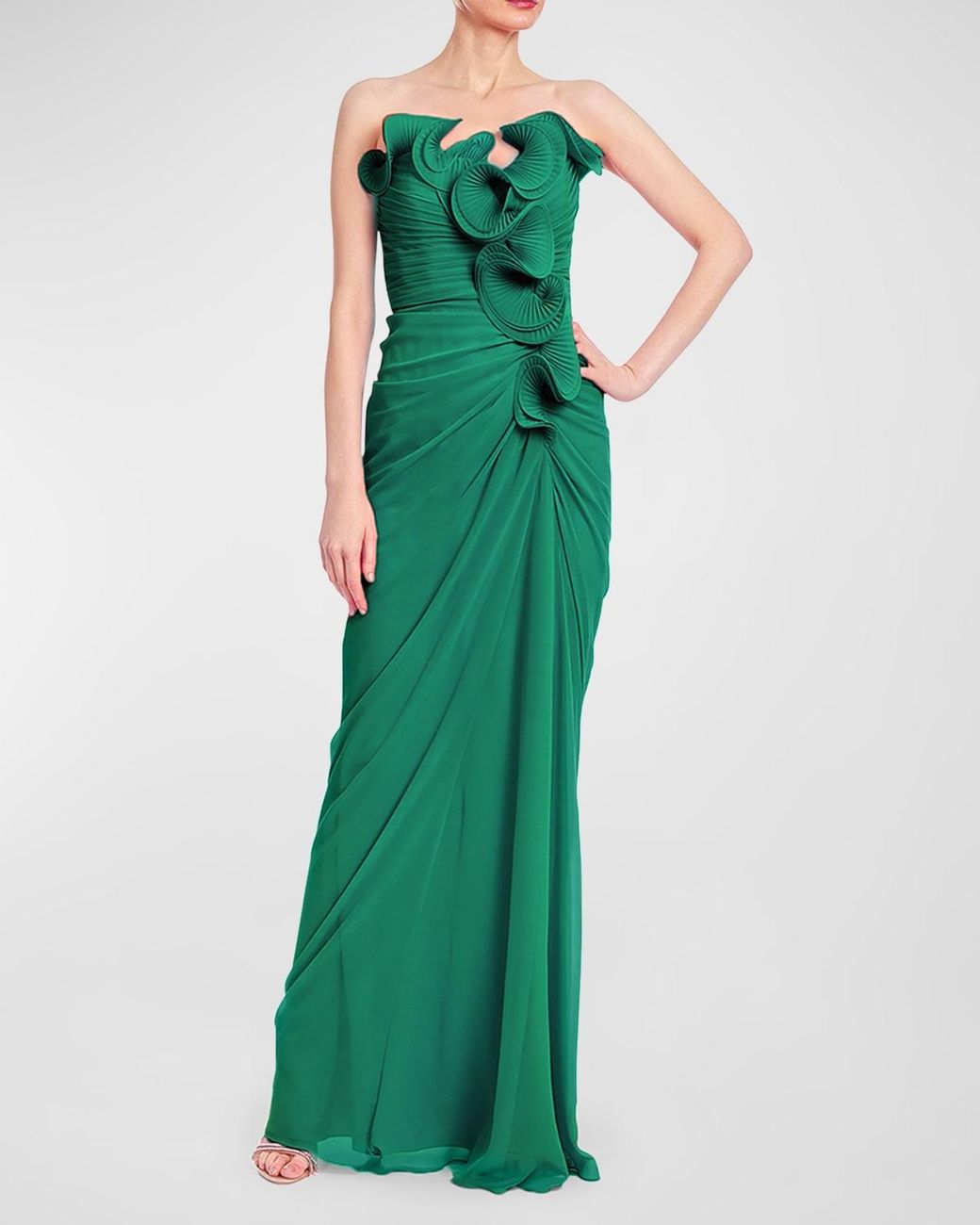 Badgley Mischka Strapless Pleated Ruffle Column Gown in Green | Lyst