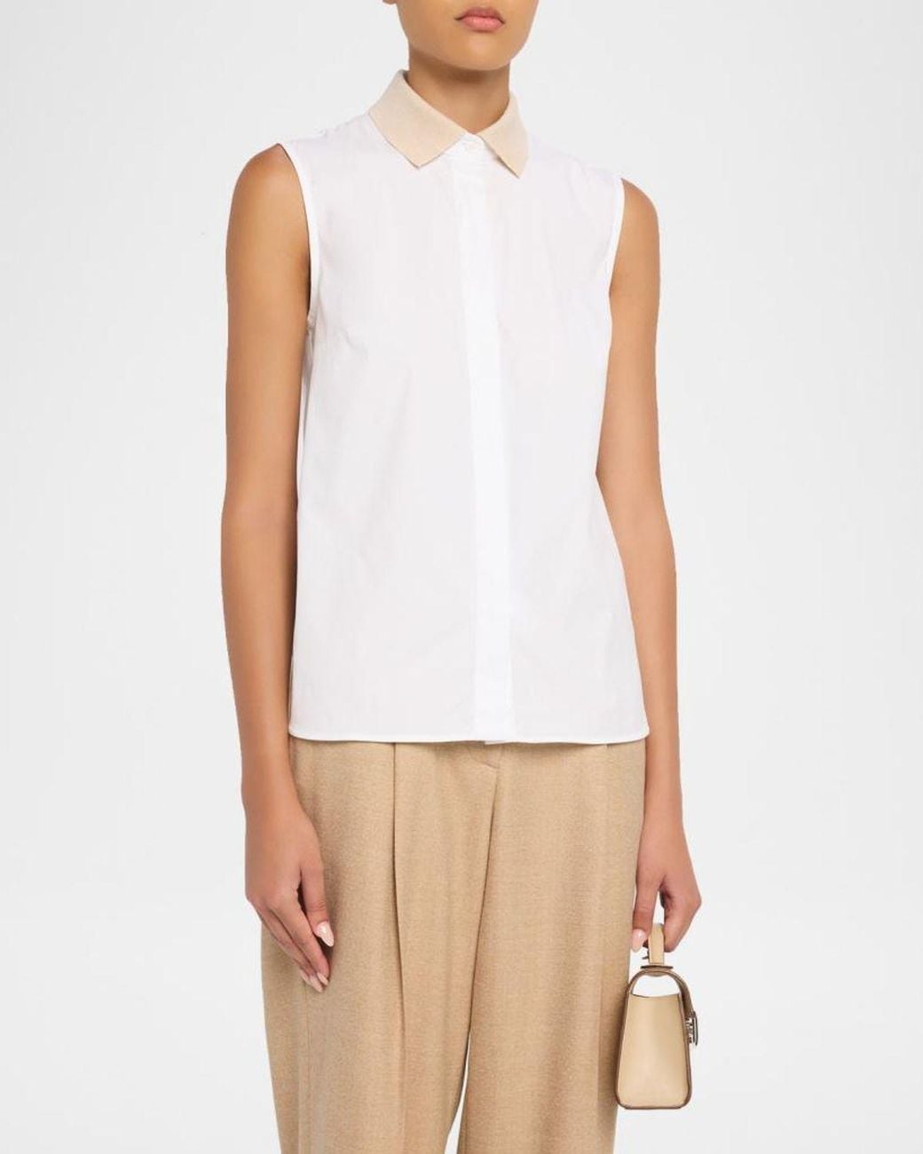 Peserico Sleeveless Knit-Collar Shirt in White | Lyst