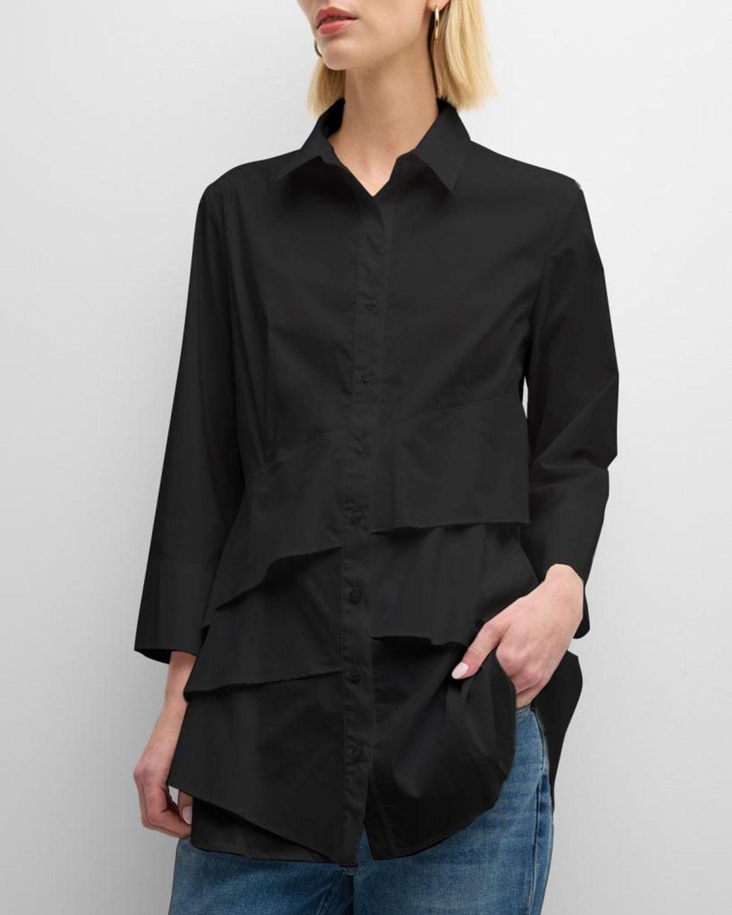Finley Black Jenna Button-Down Ruffle Poplin Top