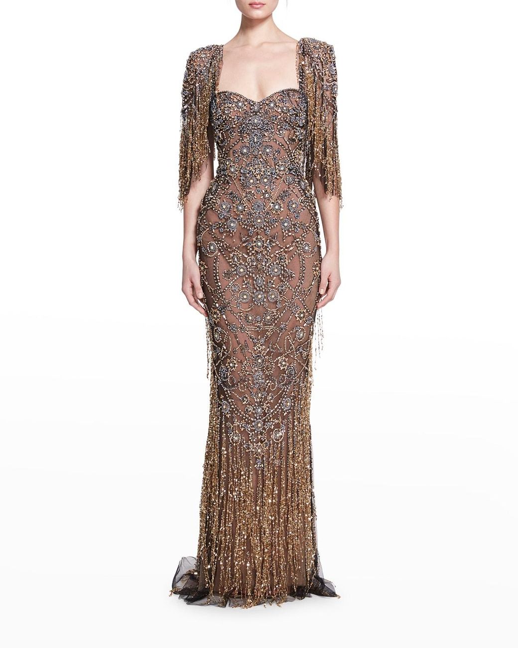 Marchesa Sequin Fringe Capelet Mermaid Gown in Brown | Lyst