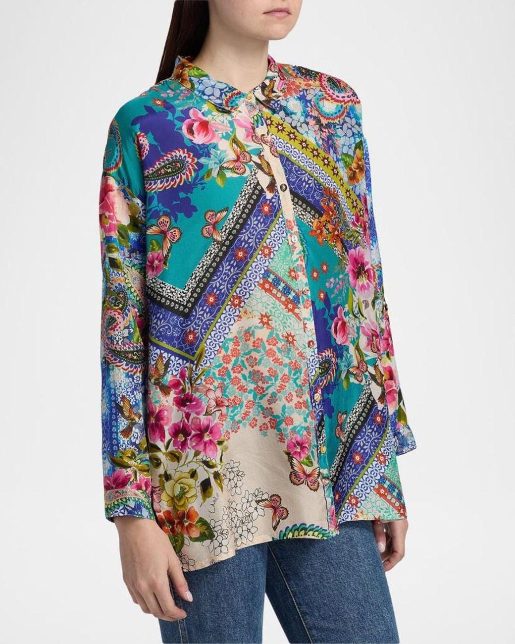 Johnny Was Blue Audrey Patchwork Silk Tunic