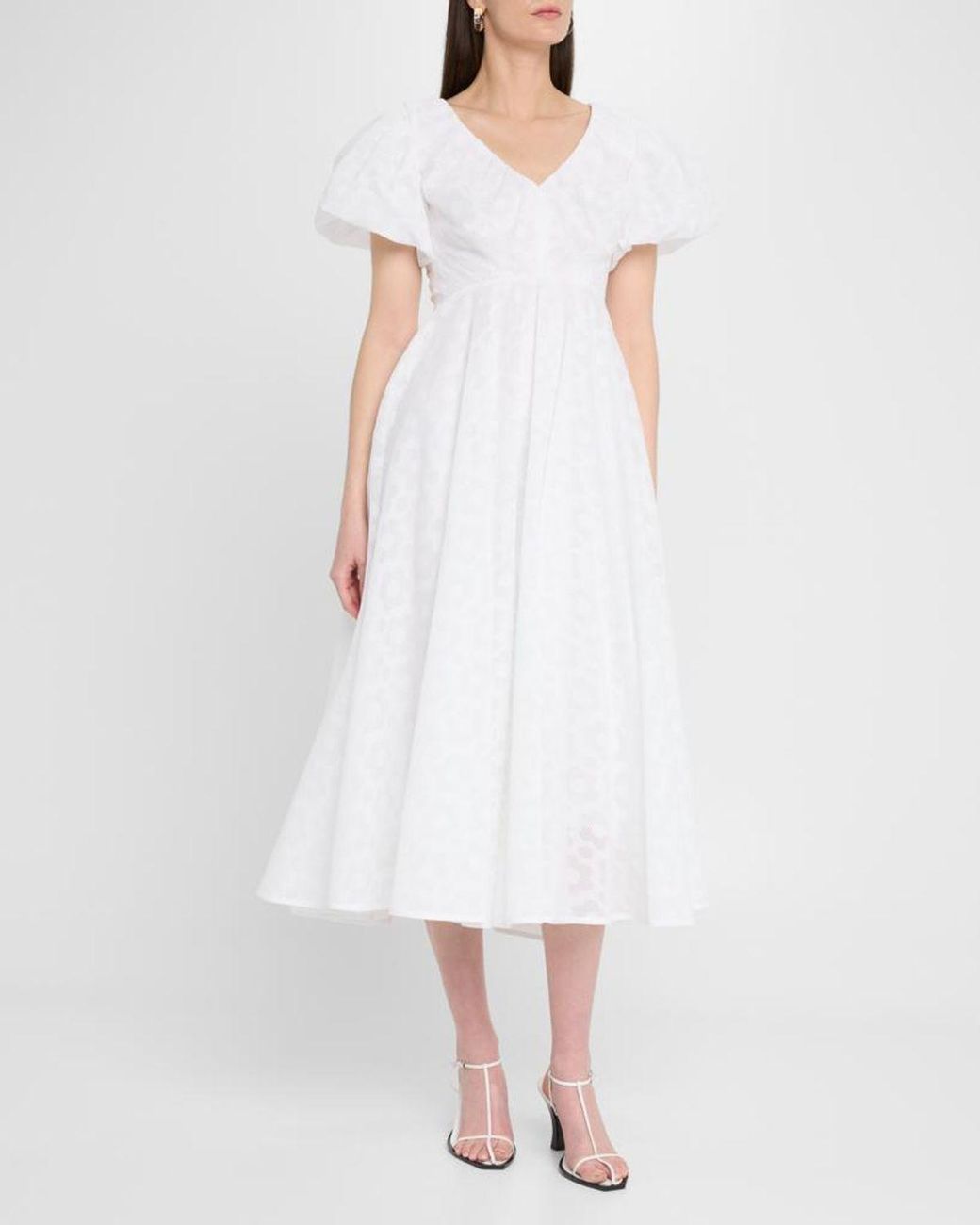 Talbot Runhof White Pril Flower Organdi Puff-Sleeve Midi Dress