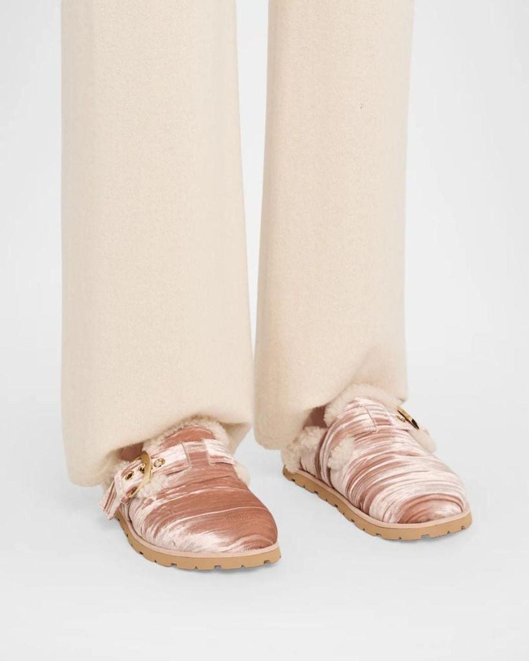 Stuart Weitzman Pink Dara Shearling-Lined Suede Buckle Mules