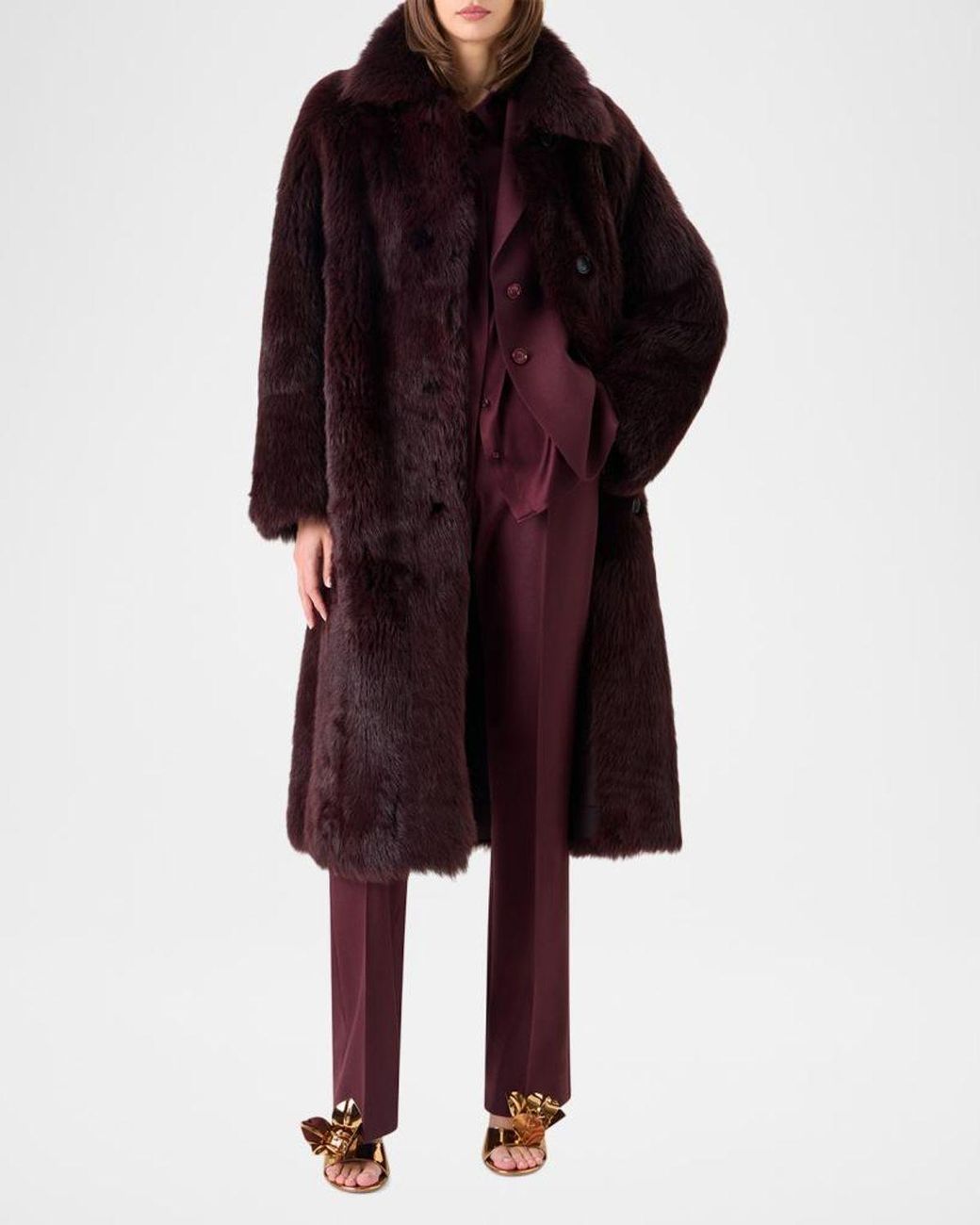 Akris Red Lamb Shearling Reversible Long Coat