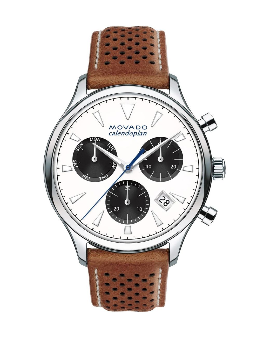 Movado 43mm Heritage Calendoplan Chronograph Watch With Perforated Leather  Strap in Brown for Men | Lyst