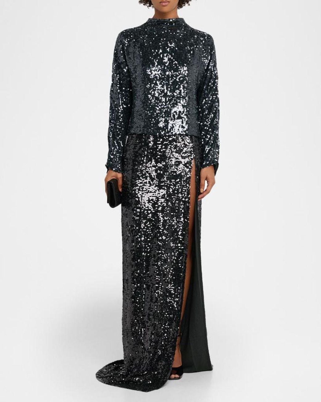 LAPOINTE Blue Sequined Mock-Neck Long-Sleeve Blouse