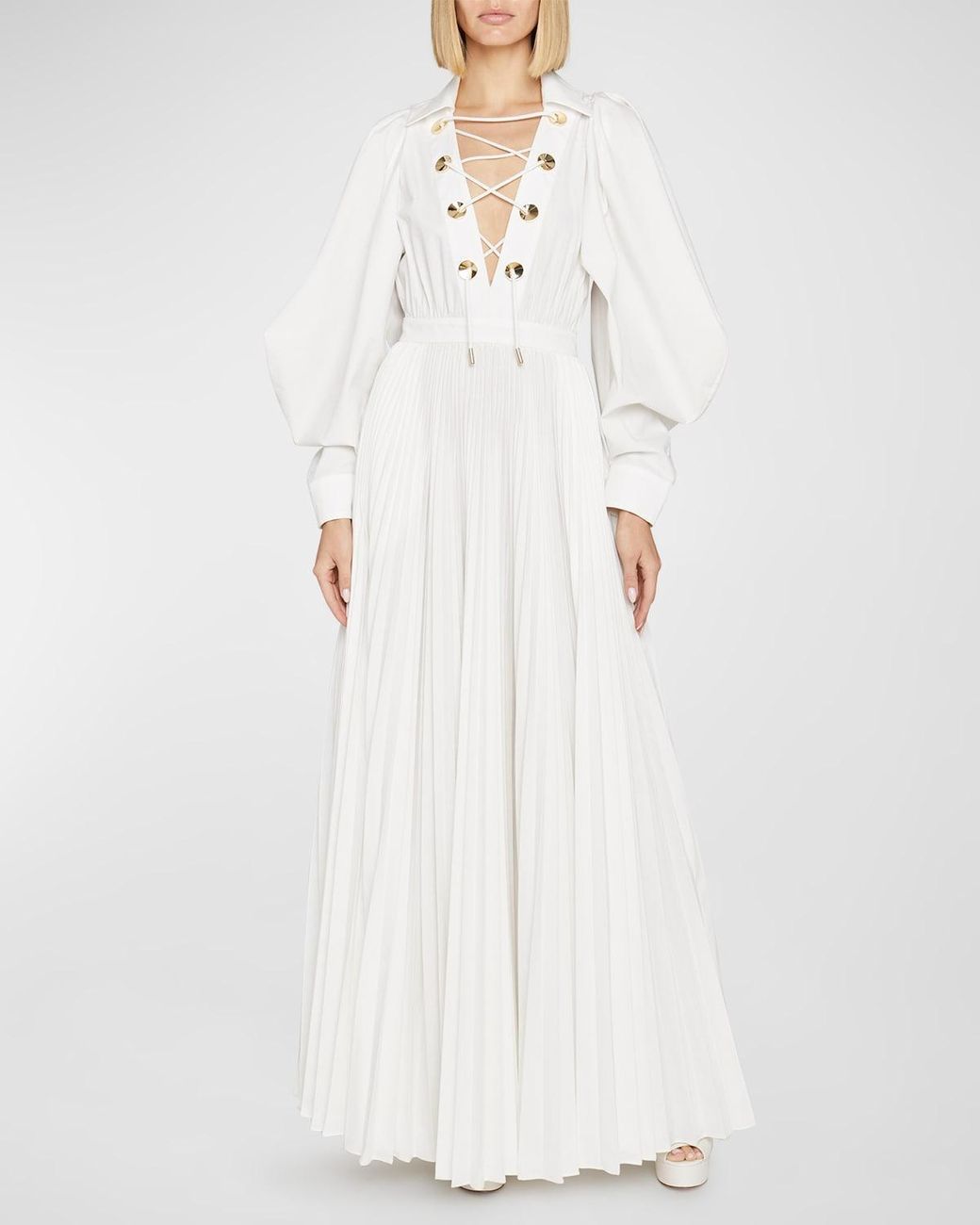 Elie Saab Exaggerated Puff-sleeve Lace-up Pleated Gown in White | Lyst