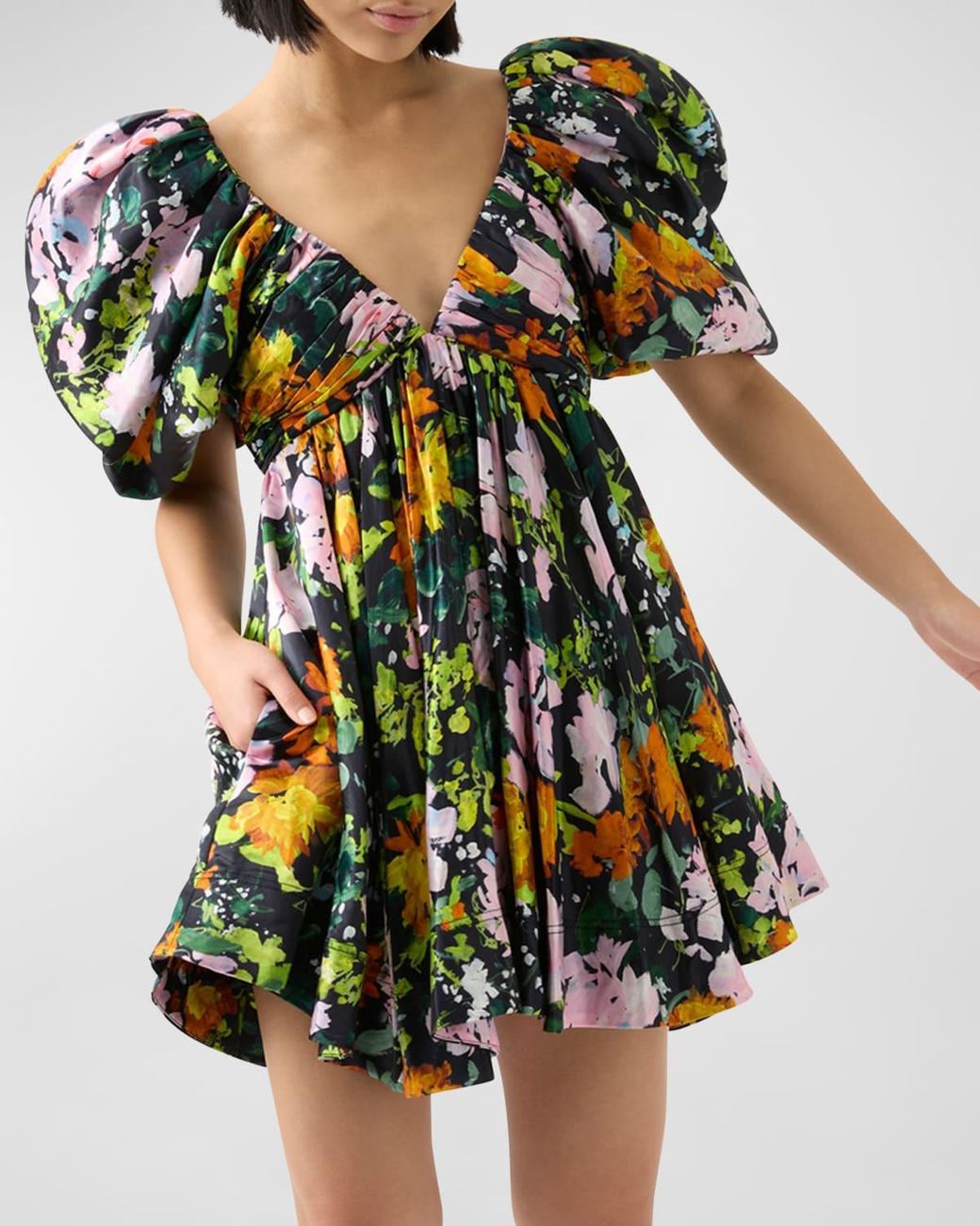 Aje. Gabrielle Plunge Puff-sleeve Floral Linen-blend Mini Dress | Lyst