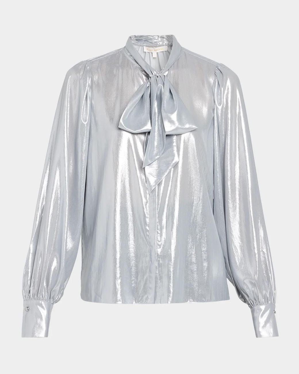Ramy Brook Noa Metallic Tie-Neck Blouse in Gray | Lyst