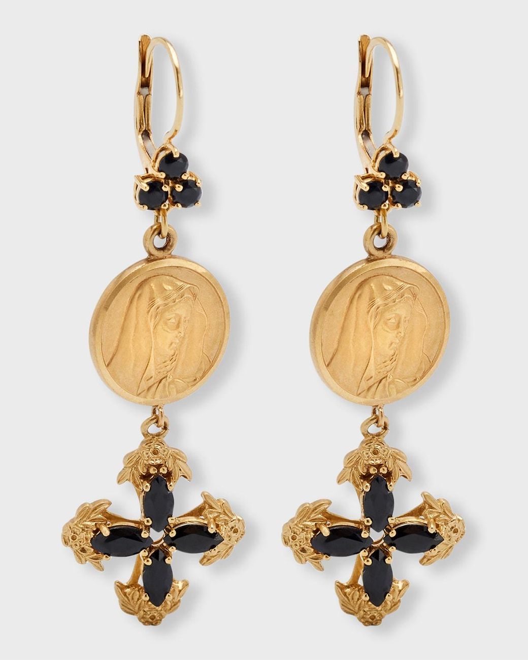 Dolce & Gabbana 18k Yellow Gold Black Sapphire Clover Virgin Mary Earrings  in Metallic