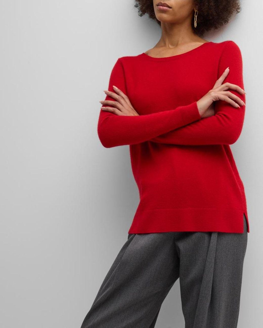 Neiman Marcus Red Cashmere Basic Crewneck Top