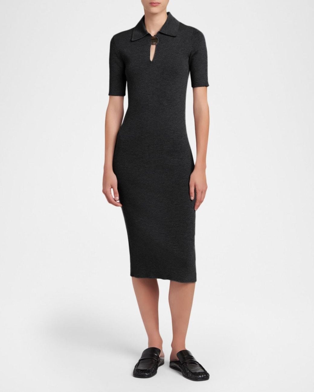Jil Sander Black Short-Sleeve Rib Knit Midi Polo Dress