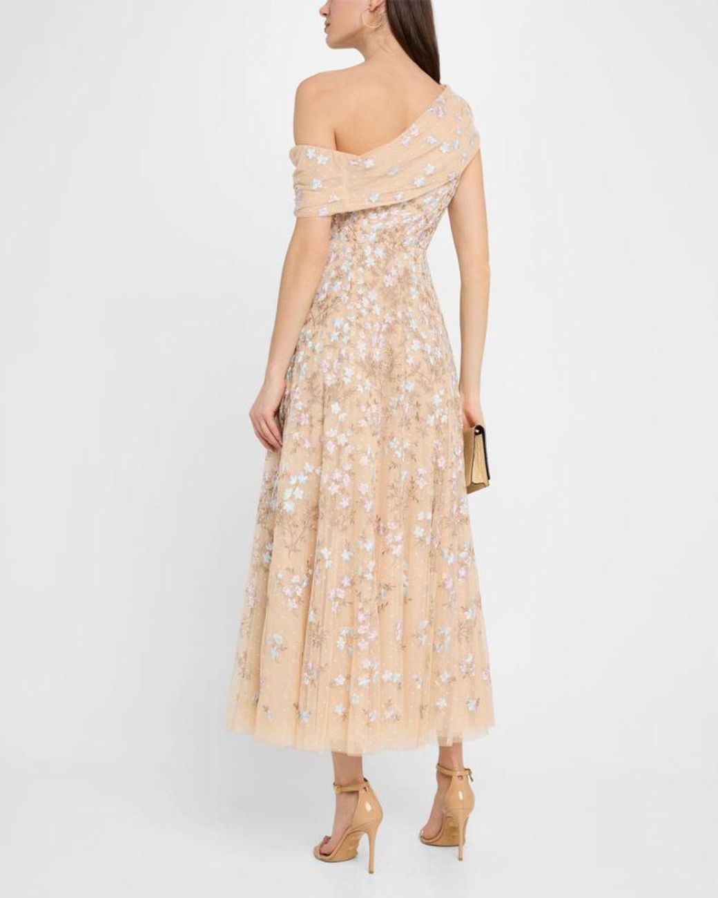 Needle & Thread Natural Everett Bloom One-Shoulder Embroidered Gown