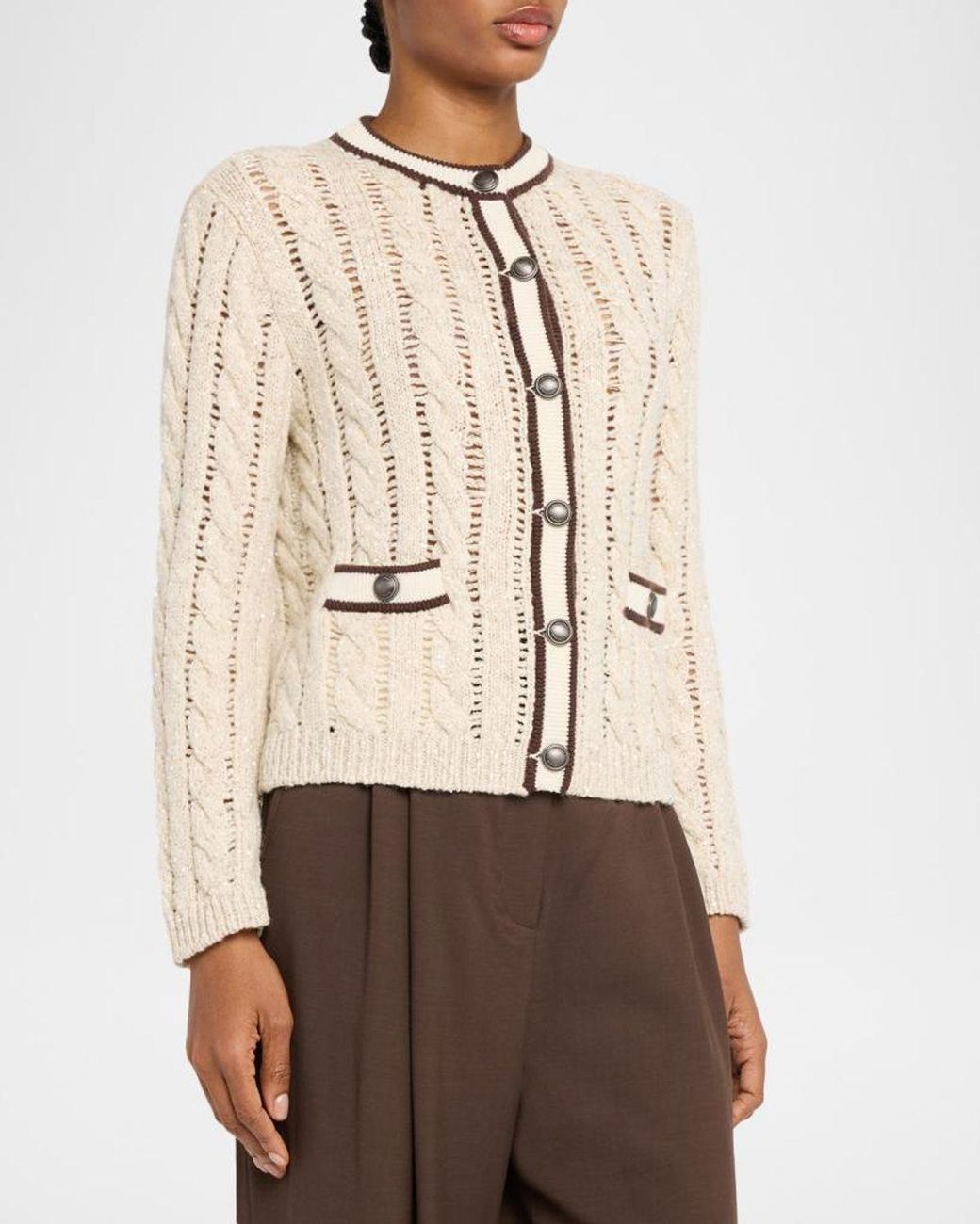 Brunello Cucinelli Natural Micro Sequin Openwork Cable Knit Cardigan