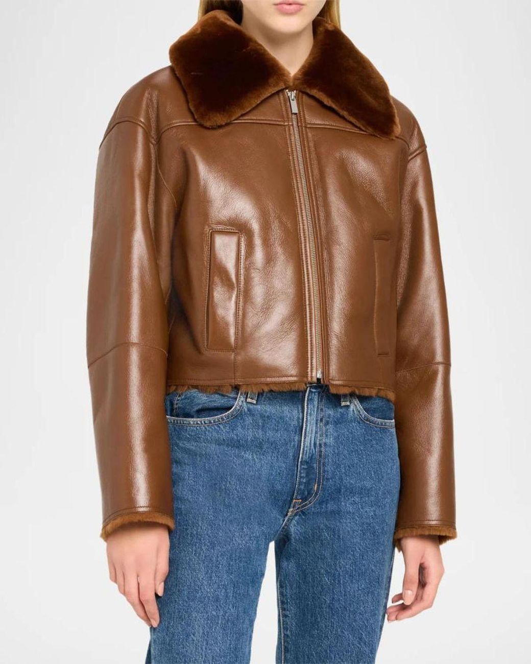 Theory Brown Crop Shearling Jacket