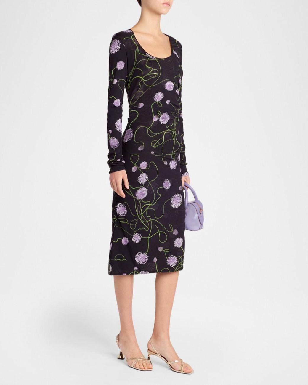 Stella McCartney Black Twisted Flower-Print Ruched Mesh Long-Sleeve Dress