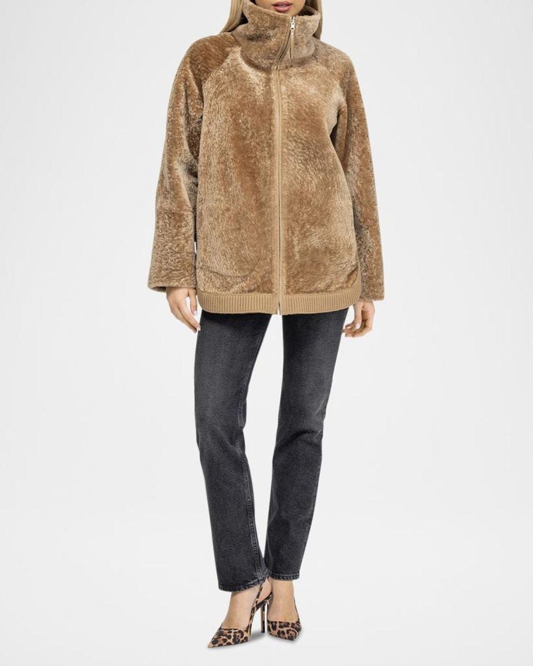 Gorski Brown Textured Shearling Lamb Zip Jacket