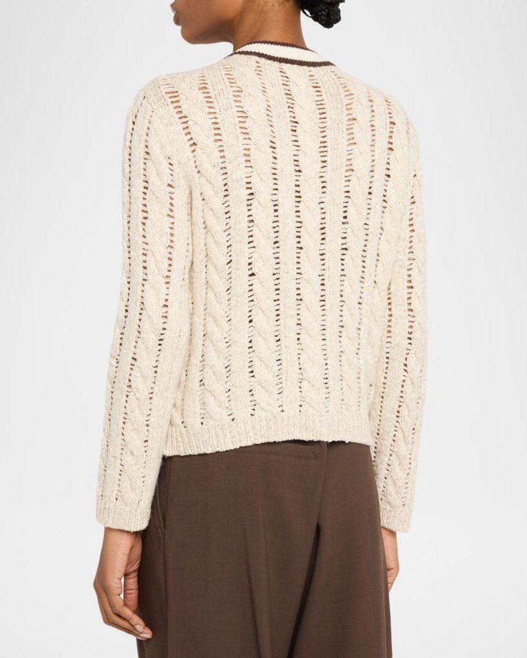 Brunello Cucinelli Natural Micro Sequin Openwork Cable Knit Cardigan