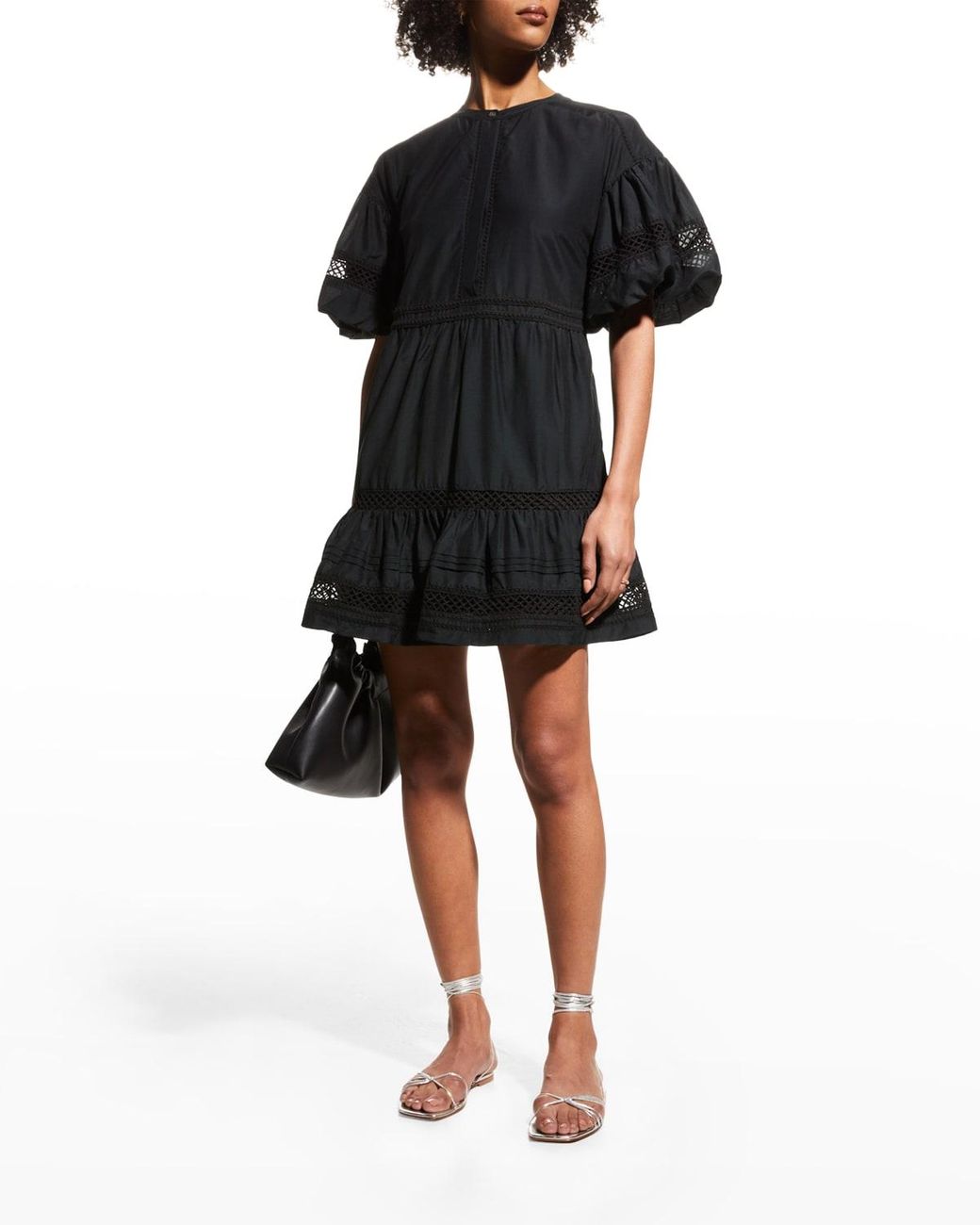 Marie Oliver Jade Lace-inset Puff-sleeve Dress in Black | Lyst