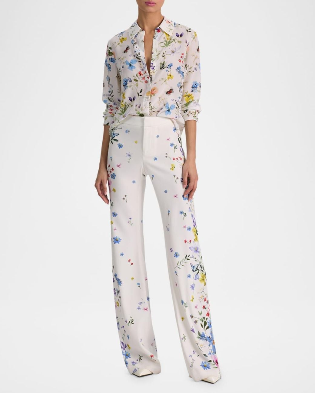 Alice + Olivia White Ilan Pleated-Sleeve Blouse