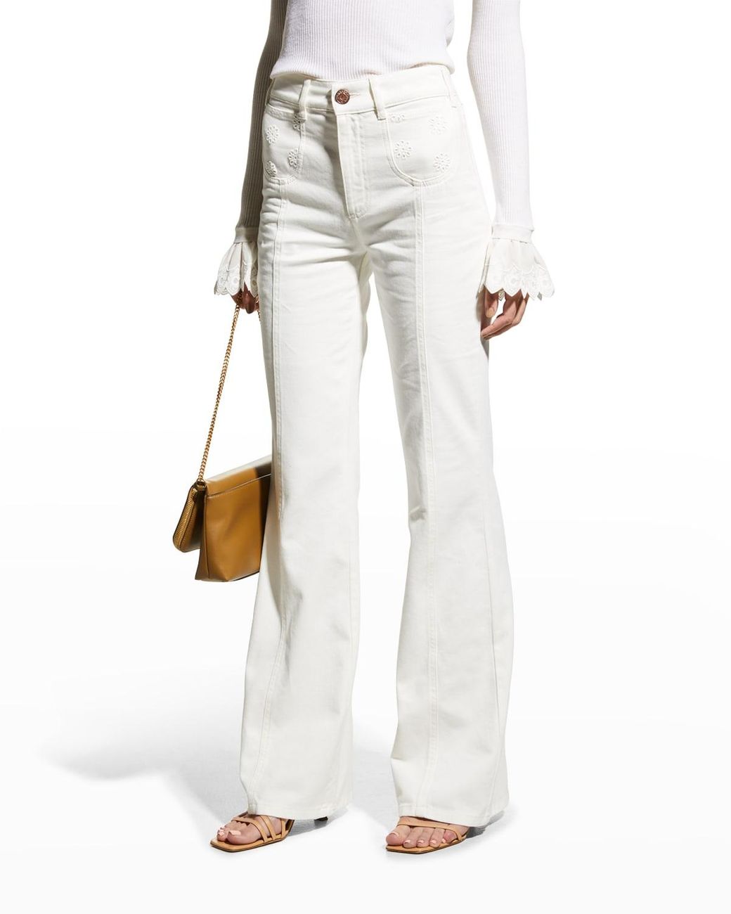 See By Chloé Floral Embroidered Pocket Bootcut Jeans in White | Lyst