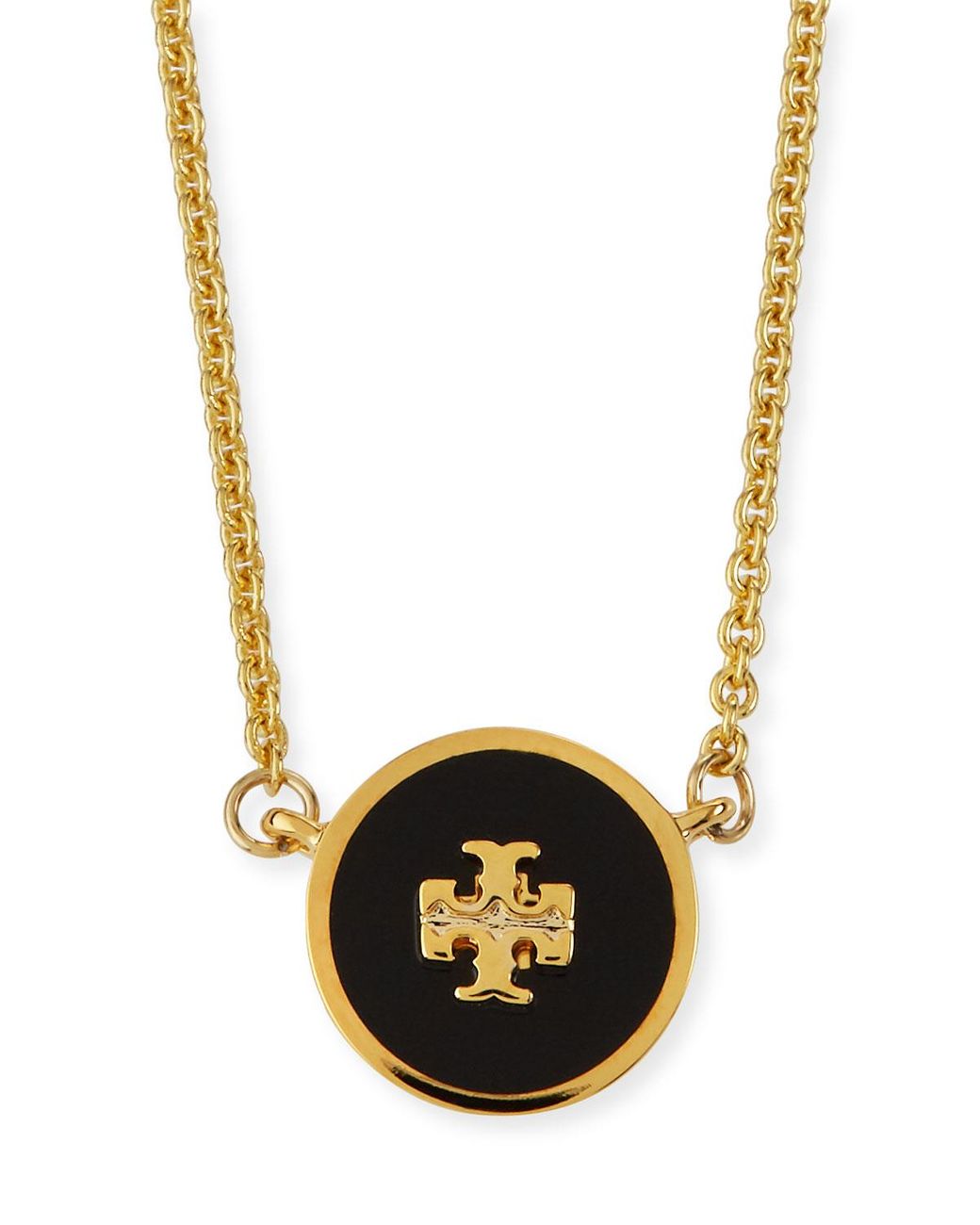 Tory Burch Kira Enameled Pendant Necklace in Black/Gold (Metallic