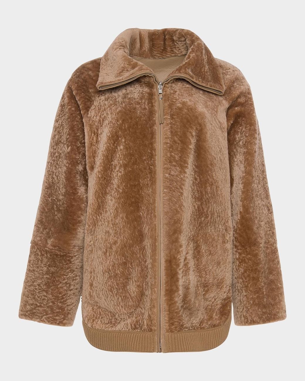 Gorski Brown Textured Shearling Lamb Zip Jacket