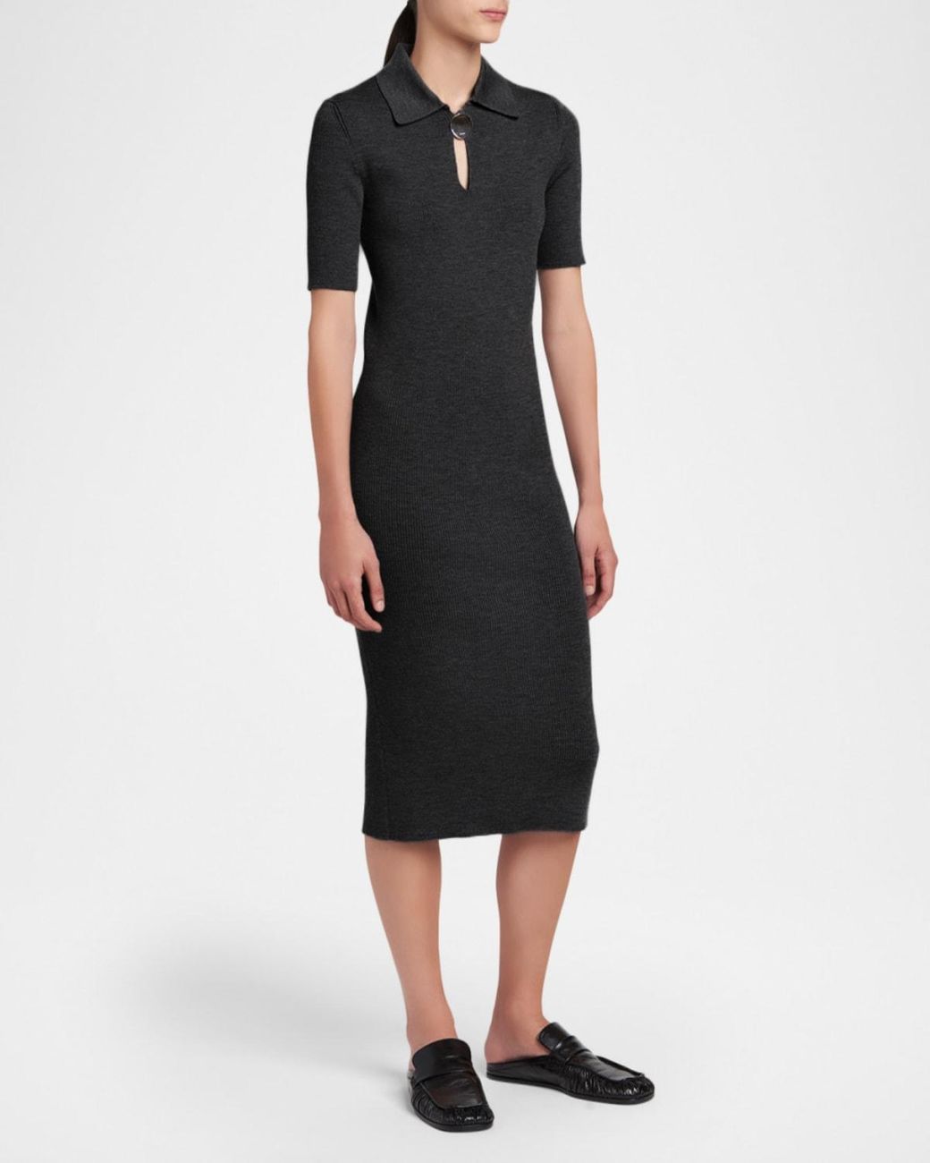 Jil Sander Black Short-Sleeve Rib Knit Midi Polo Dress