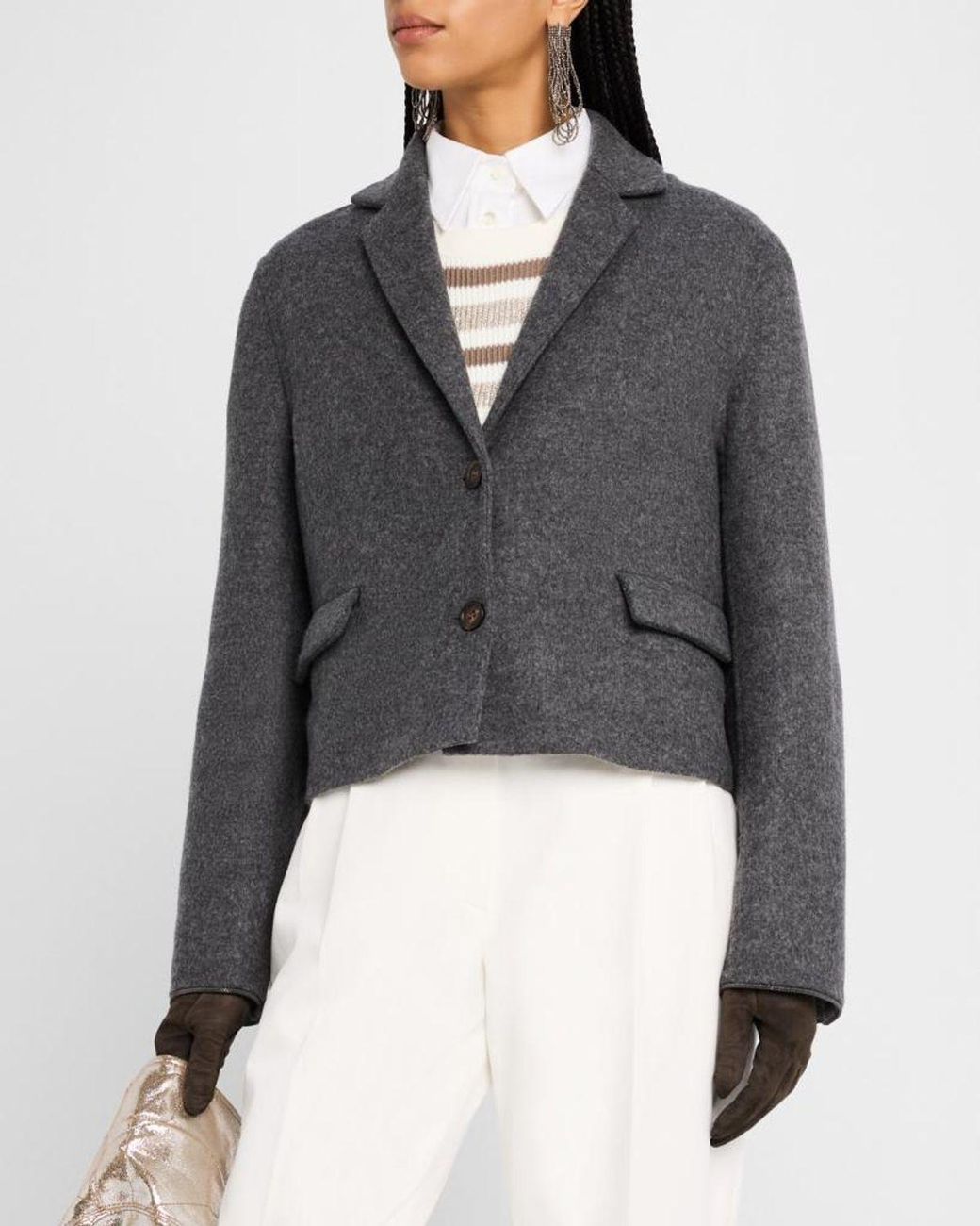 Brunello Cucinelli Gray Fluid Wool Double-Faced Crop Jacket