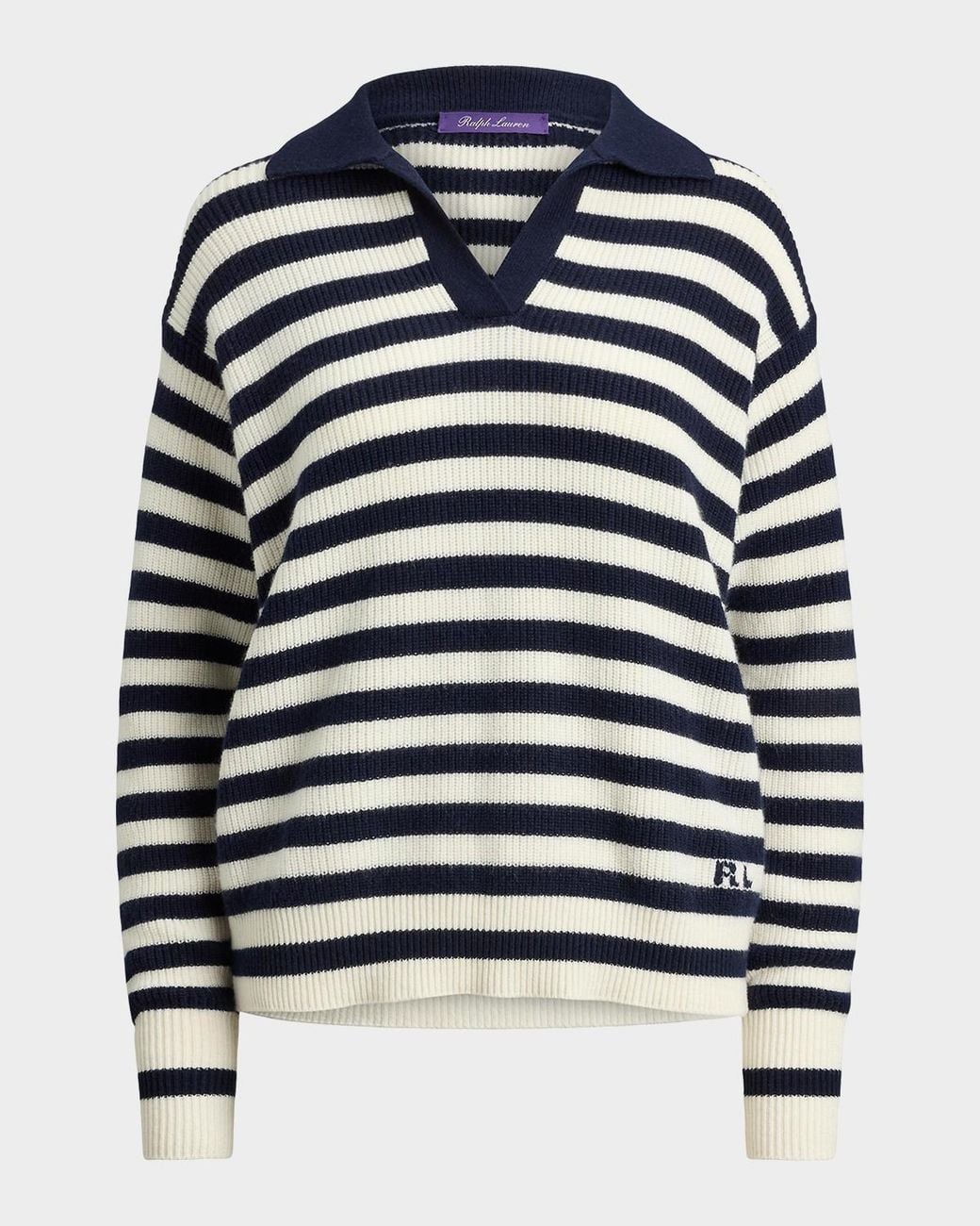 Ralph Lauren Blue Striped Cashmere Polo Sweater